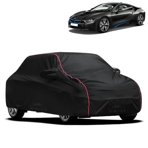 Image of Waterproof Car Cover for BMW i8 | All-Weather Protection, Dustproof & UV Resistant | Triple Stitched Mirror Pockets, Windproof Buckle Strap with Elastic Hem, Black-Red Piping
