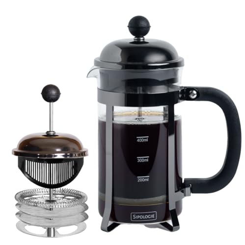 Image of Sipologie Vintage French Press Coffee Maker 600ml, Black I 4-Level Filtration I Heat Resistant Borosilicate Glass I Stainless Steel Housing | Measurement Marking, Coffee Spoon, Extra Filter Mesh