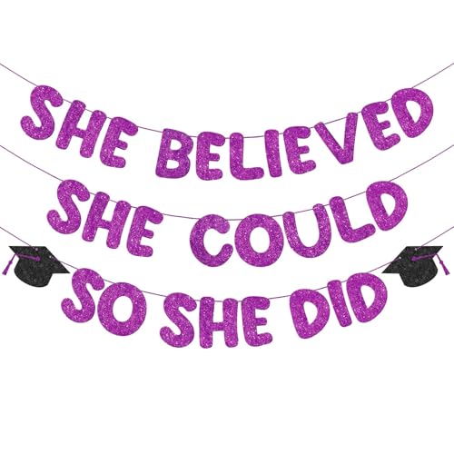Fulmoon Pre Strung She Believed She Could So She Did Banner Glitter Congratulations Banner Graduation Bunting Banner Graduation Party Decorations Congrats Grad Photo Backdrop for School (Dark Purple)