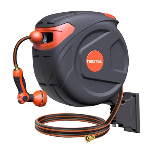New Retractable Garden Water Hose 65ft 5/8 inch Wall Mounted Hose Reel with Automatic Rewind System Any-Length Lock & Spray Nozzle for Efficient Yard Work