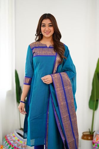 Image of TWINLIGHT Women's Kanchi Cotton Elephant Jaquard Work Kurta and Dupatta Set | V Neck 3 /4 Sleeves Straight Calf Length Kurti with Jaquard Border Work Dupatta | Kurti Set for Women
