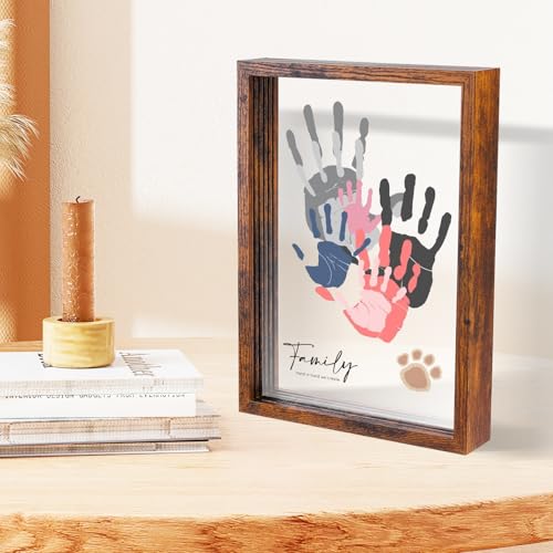 Image of PUDEKO Family Handprint Kit,DIY Colorful Craft Keepsake Family Art Baby Newborn Hand and Footprint Wooden Frame for Home Decor Family Gifts Set(5 Sheets with 8 Colors) (Brown)