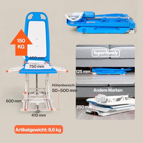 SuperHandy Tragbarer Boden- & Badelift – Leichtgewicht 8,6 kg, Klappbar, Tragfähigkeit 150 kg, IP68 wasserdichter Lift für Senioren, ergonomischer Sitz mit abnehmbaren Seitenteilen (Spa Blue)