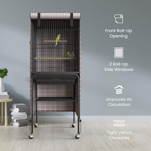 Image of Universal Bird Cage Cover Good Night Blackout Thin Lightweight Breathable Small Animal Cages Cover Pet Removable Durable Protector (Beige, 60 inch H x 18 inch W x 18 inch L)