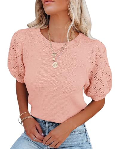 Image of Womens Short Sleeve Sweaters Crewneck Knit Pullover Tops 2025 Summer Casual Lightweight Crochet Blouse Shirt