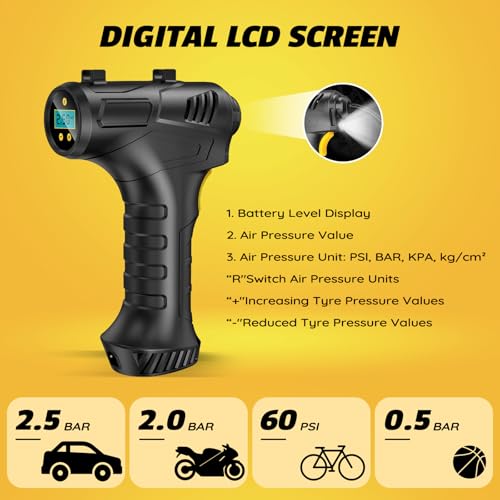 Haquno Wireless Tyre Inflator Handheld Air Compressor, 12V Portable 5200mAh Rechargeable Tyre Pump for Cars, Motorbikes, and Bicycles - Image 5