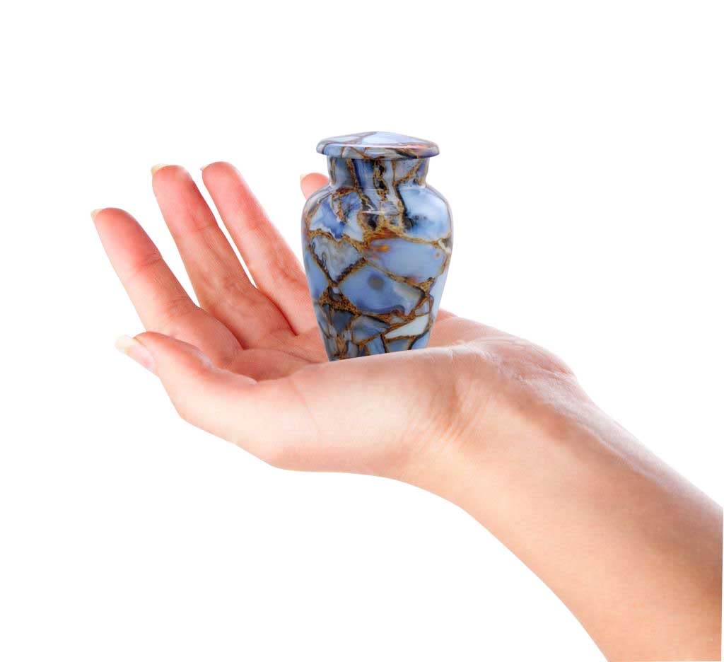 Andenkenurne | Marmor-Finish Andenken Urne für Asche | Metall-Teilurne für Mensch oder Haustiere Asche | Mini-Gedenkurne mit Samtbeutel (Luxury Blue)