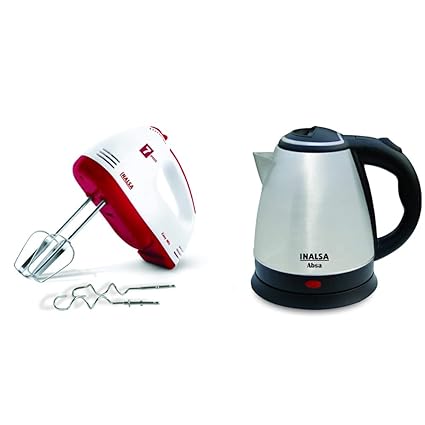 Inalsa Hand Mixer Easy Mix-200W with 7 Speed Control & Detachable Stainless-Steel Finish Beater & Wh & Electric Kettle Absa-1500W with 1.5 Litre Capacity, (Black/Silver) Combo