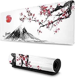 Gaming Mouse Mat Japan Ink Painting Mountain Sakura Sun Comfortable Extended Large Mouse Pad Waterproof Keyboard Mat with Non-Slip Base Stitched Edges Smooth Surface 800X300X3 mm