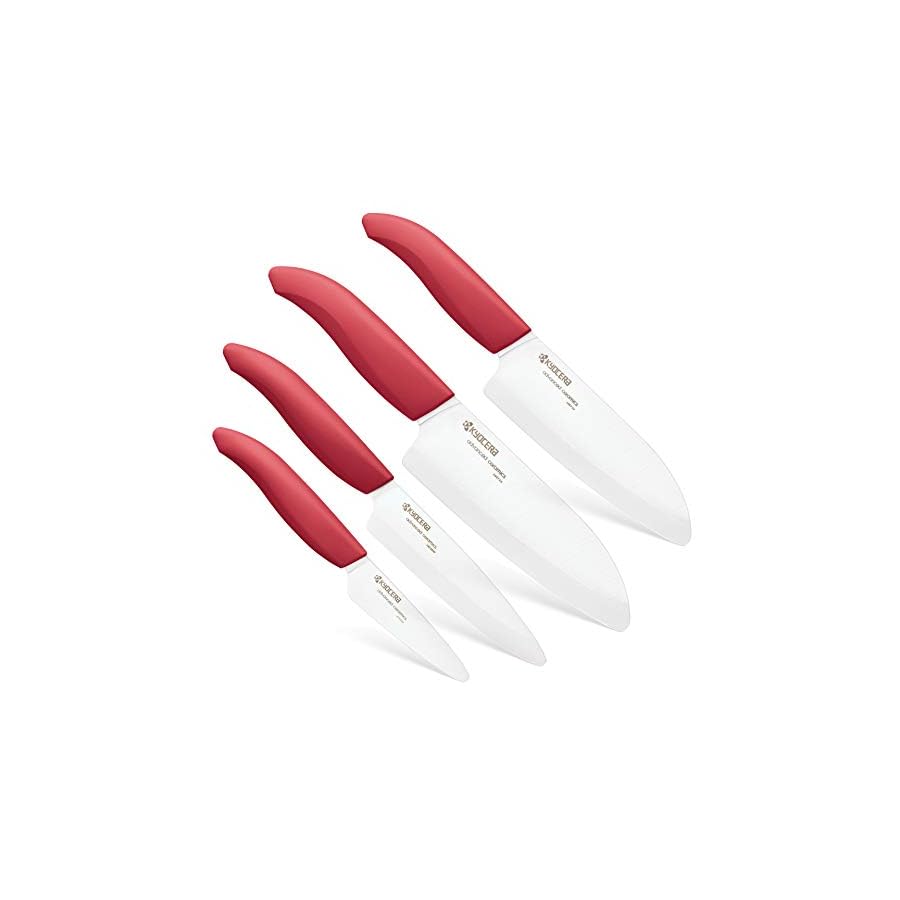 Kyocera Advanced Ceramic Revolution 4-Piece Knife Set: Includes 6-inch Chef's Santoku, 5.5-inch Santoku, 4.5-inch Utility and 3-inch Paring-Red Handles w/ White Blades