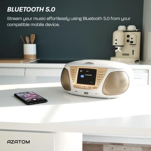 DAB DAB+ CD playe, FM Radio, Wireles Bluetooth, Stereo Speaker System, Clock, USB player (AZATOM Zenith Z4 White)