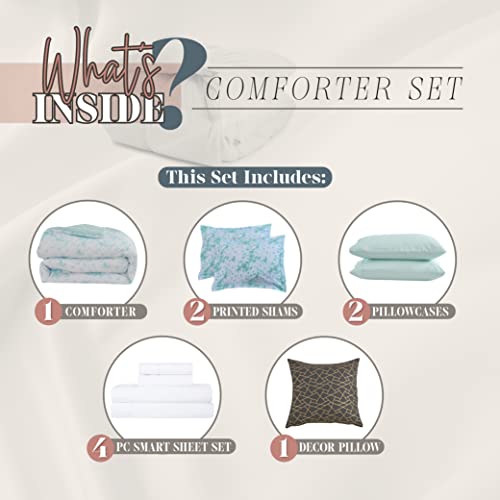 Image of Elegant Comfort Reversible 10-Piece Comforter Set, Tie-Dye Print, Decorative Pillow and Fitted Sheet with Smart Pockets, Soft, Plush, Lightweight Material, 10pc Tie-Dye Set, Cali King, Aqua Mint