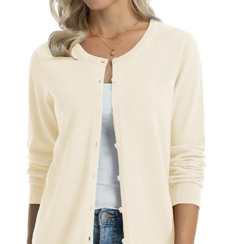 Image of QUALFORT Women's 100% Cotton Lightweight Cardigans Long Sleeve Knitted Button Down Sweater