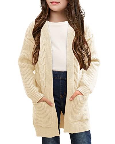 Image of Ermonn Girls Kids Open Front Cardigans Sweaters Long Sleeve Knit Cute Sweater Outwears with Pockets for 5-14 Years White