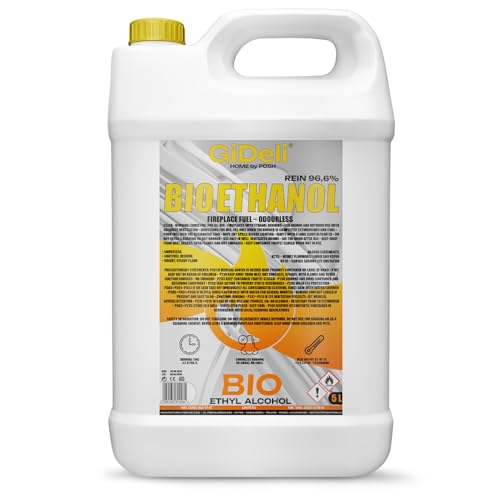 GiDeli Bioethanol 96,6% Geruchlos 5L - Bio Ethanol für Tischkamin, Kamin Indoor & Outdoor - Rauchfrei und Rußfrei - Aus Mais & Zuckerrüben