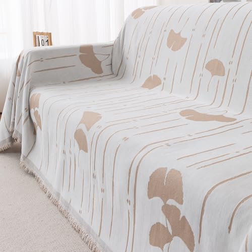 Image of HOKIPO 320 GSM Chenille Sofa Throw Blanket for 3 Seater Sofa - Printed All-Season Sofa Cover, 'Serene Abode Series' Beige Ginkgo Lines (180x310 cm) (AR-6633-D2)