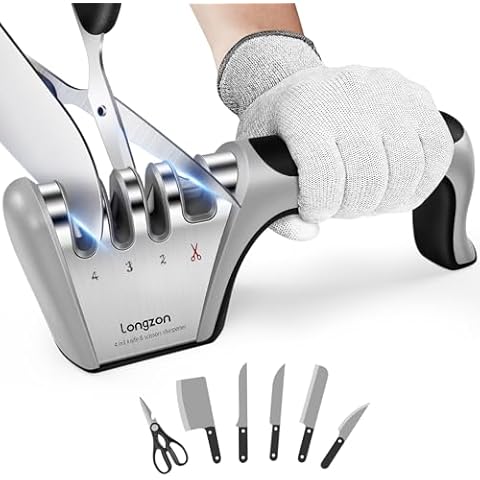 Longzon 4-in-1 Knife Sharpener [4 stage] with a Pair of Cut-Resistant Glove, Original Premium Polish Blades, Best Kitchen Knife Sharpener Really Works for Fruit Knife and Steel Knives, Scissors. Cover