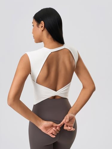 Image of ABOCIW Women Twist Back Workout Top with Built in Bra Cap Sleeve Pilates Yoga Crop Top Athletic Gym Shirt