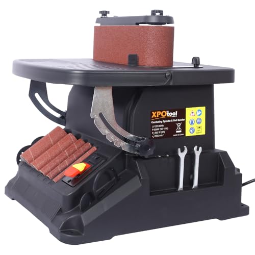 Luxebough Ponceuse à broche oscillante verticale et ponceuse à bande, machine combinée 2 en 1, moteur de 500 W avec table inclinable, 5 manchons de ponçage...