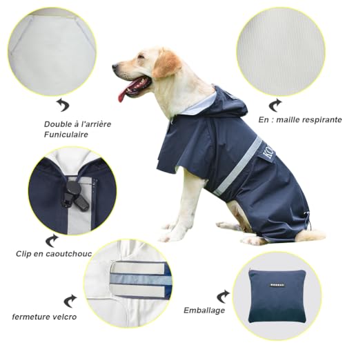KOOGAL Große Hunde Regenjacken Mit Kapuze,Hunde Regenmantel,Mit Reflektierenden Sicherheitsstreifen, Wasserdichter Hundemackintosh, Geeignet Für Mittlere Und Große (Marineblau, 4XL)