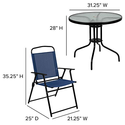 Image of Flash Furniture Nantucket 6-Piece Patio Dining Set with Glass Table, 4 Folding Chairs, and Umbrella, Outdoor Patio Table, Chairs, Umbrella Set, Navy