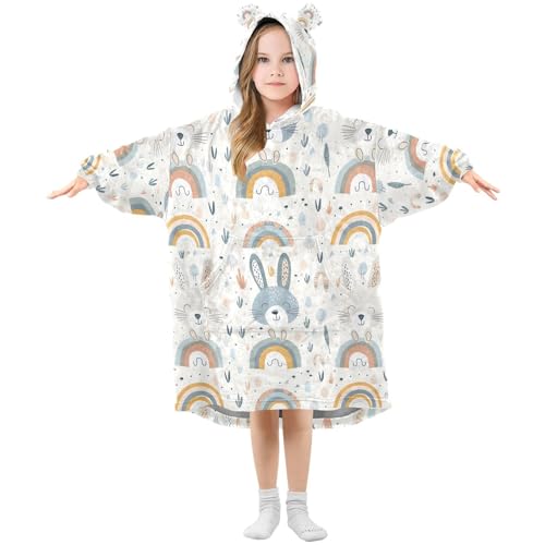 Manta de gran tamaño con capucha para niñas, diseño de amapolas, conejo, arcoíris, suave, cálida, de forro polar, Multicolor, 120 Grande