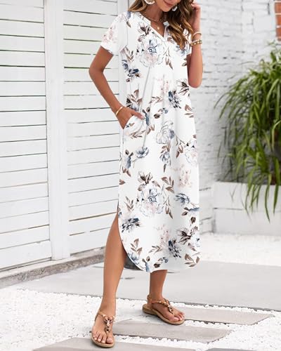MISFAY Women's Summer Casual Maxi Dress 2025 Short Sleeves V Neck Loose Sundress Split Long Beach T Shirt Dress Vacation Outfits(Flower White,M) - Image 2