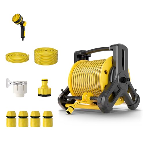 ガーデンホースセット 高耐久 三角形構造 巻き取りやすい ねじれに強い 使い 持ち運びやすい 高圧洗浄 散水 家庭菜園 掃除 庭 コンパクト ガーデニング 洗車 園芸 壁と床の二重使用 (リール+30mホース)