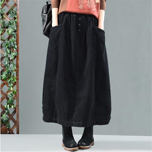 Women Vintage Button Front Bubble Corduroy Long Skirt with Pockets A-Line Silhouette Fall Midi Skirt Japanese Style2