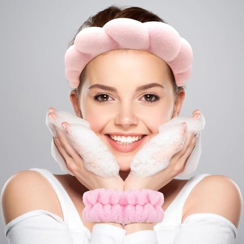 Image of 1Pcs Facial Spa Headband 2Pcs Wristband Combo Set, Pink Makeup Headband and Wrist Washband Set for Face Washing, Skincare, Shower, Makeup Removal