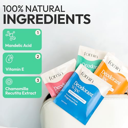 FOMIN Acidified Travel Deodorant Wipes For Women & Men - 30 Count - Coastal Breeze - pH Balanced, Mini Deodorant Travel Size - Plastic-Free, Individually Wrapped Underarm Body Wipes