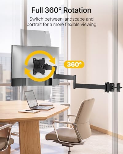 monTEK Universal Pole Monitor Arm 25 Inch Extra Long Reach - Single Desk Mount for 17-32 inch Screens, Steel Full Motion Mount, VESA 75/100mm, 636mm Extension