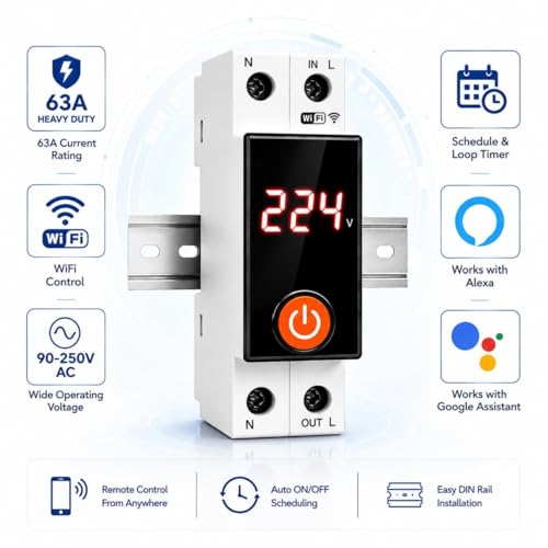 Image of Blackt Electrotech BT74NF 63A Wi-Fi Smart Circuit Breaker | 90-250V Remote Control, Timer & Schedule Function | Compatible with SmartLife, Alexa & Google Home | On /Off Switch (With Display)