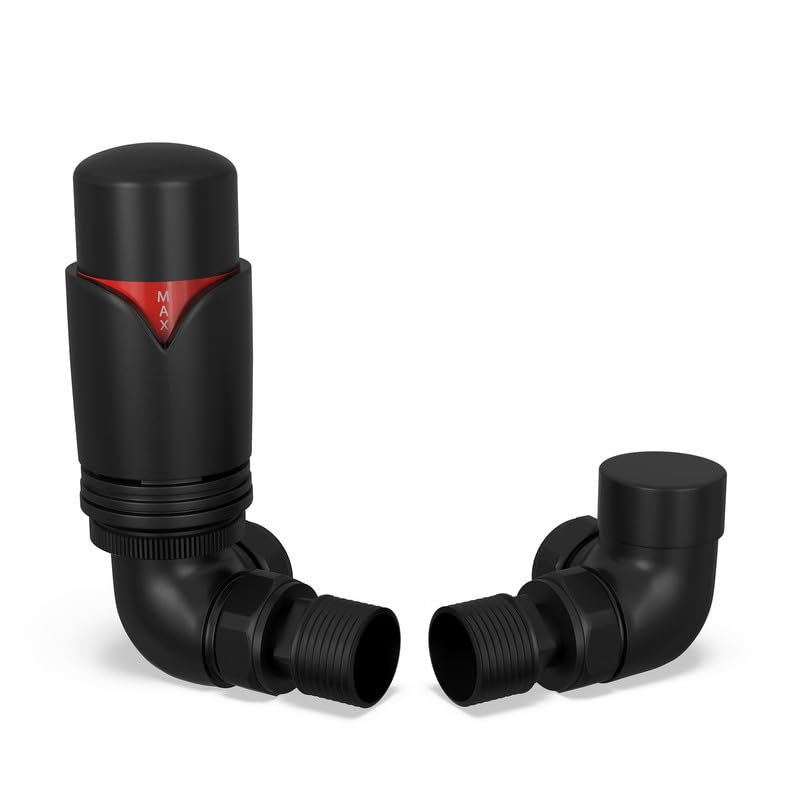 UK Radiators Black Thermostatic Radiator Valve and Corner Lockshield Valve, Matt Black Finish