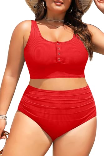 Plus Size 2 Piece Swimsuit - Womens High Waisted Bikini Tummy Control Bathing Suit Ribbed 2026 Swimwear Red 16W