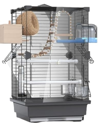 Vilom クリアアクリル鳥かご セキセイインコ・オカメインコ・小型中型インコ用 移動便利 組立式 耐久性 ブランコ&おもちゃ付き フルハウス ペット用品 おしゃれでかわいい バードケージ オウムケージ 鳥小屋 (ブラック)