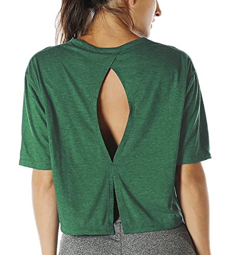 icyzone Open Back Workout Top Shirts - Yoga t-Shirts Activewear Exercise Crop Tops for Women (M, Army)