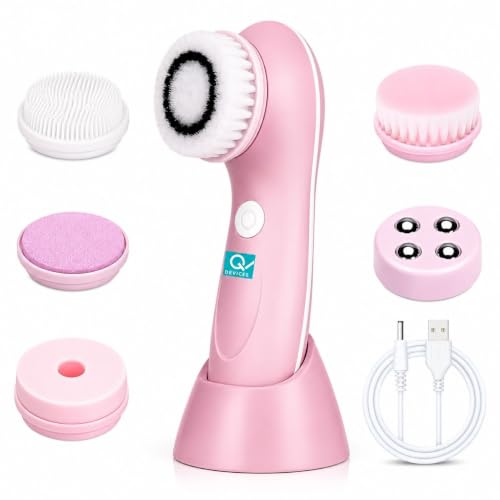 Image of Q DEVICES 6-in-1 Electric Facial Cleansing Brush & Massager | Waterproof & Rechargeable Face Spin Scrubber with 6 Interchangeable Heads for Deep Cleansing, Exfoliation & Glowing Skin (Pink)