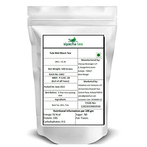 Image of Siyacha Tea Tulsi Mint Black Tea, Assam Black Tea Holy Basil Mint Blend, 500 Grams, Premium Milk Beverage, Healthy Chai Patti, 100% Herbal Loose Leaves Fresh, Makes 250 Cups (approx)
