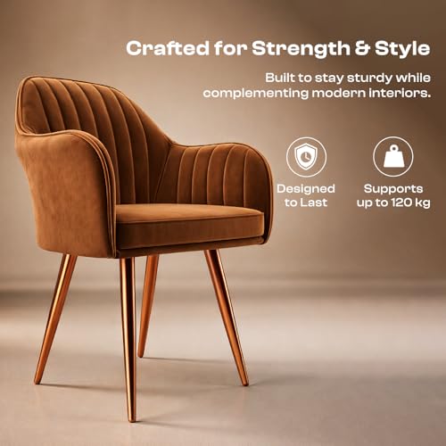 Image of Vergo Plush Velvet Dining Chair, Cushion Seat, Wooden Frame, Metal Legs, Premium Accent Chair for Living Room, Bedroom, Dining Room, Cafe & Restaurant (Set of 4, Light Brown)