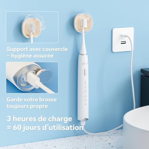 Brosse à dent électrique Seago SG2782 blanche avec 8 têtes et support - 5