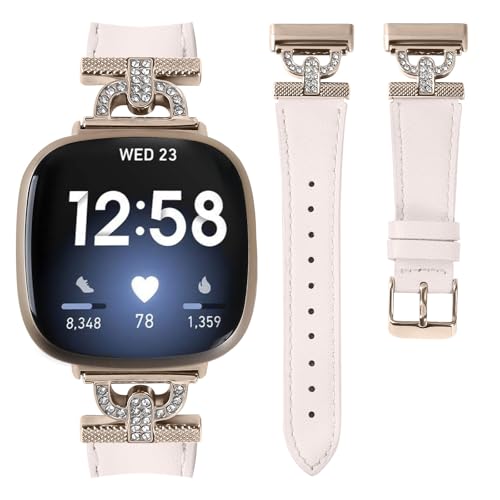 Luxe Leather Bands Compatible With Fitbit Versa 4/Versa 3/Sense 2/Sense Bands For Women D-shaped Bling Metal Buckle Replacement Straps.