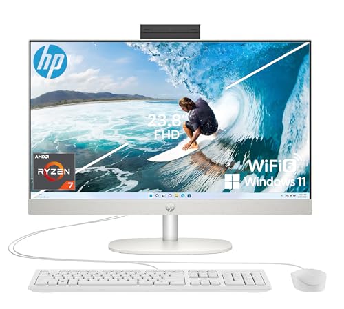 Image of HP 2025 24 inch FHD All in one Desktop Computer Powerful Performance for Home & Office, AMD Ryzen 7 7730U, 16GB RAM, 1TB PCIe SSD, Dual Speakers, Slim Bezel, Wi-Fi 6, HDMI, Bluetooth, White, Windows 11