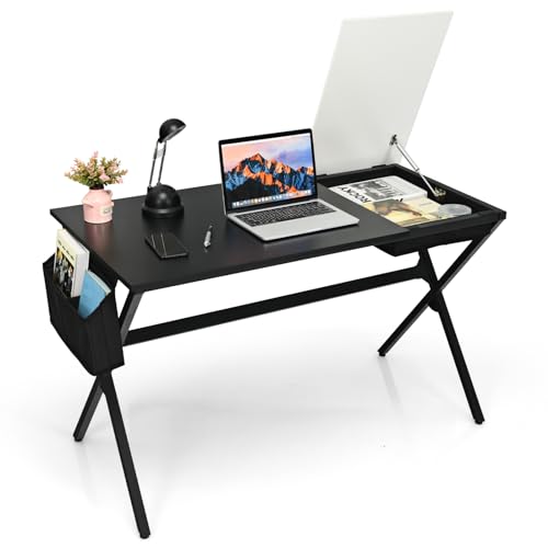 COSTWAY Bureau avec Plateau Blanc Rabattable 120 x 60 cm, Table d'Ordinateur avec Espace de Rangement Caché, Sac de Rangement Latéral, Postes de Travail pour...