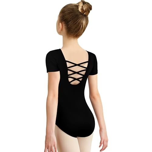 MOLLDAN Girls Dance Ballet Leotards Short Sleeve Criss Cross Straps Back Black 10-12 Years