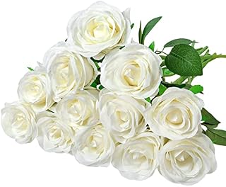 Ouddy Daily 12 Pcs Artificial Roses, White Artificial Flowers Fake Roses Silk Fake Flowers for Garden, Wedding, Indoor and Outdoor