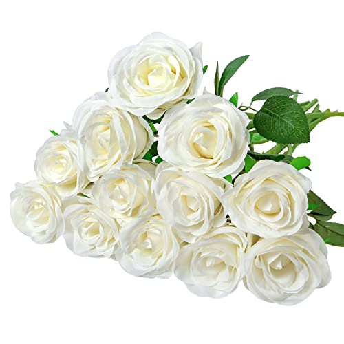 Ouddy Daily 12 Pièce Roses Artificielles, Fleurs Artificielles Deco Blanches Fausses Roses Fleurs Artificielles en Soie Blanches pour Jardin, Fête de Mariage, Intérieur et Extérieur