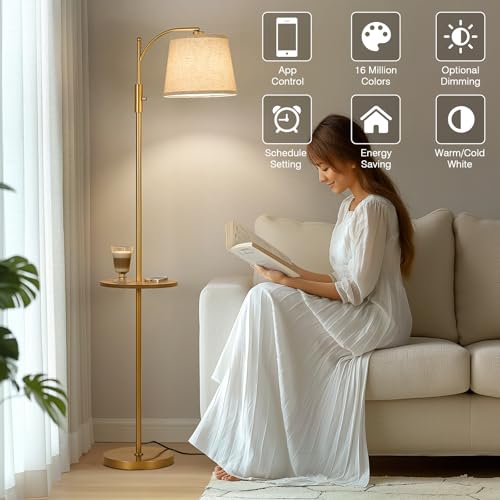 Image of AIDENOEY Smart Floor Lamp with Side Table | Stepless Dimming, RGB Multi-Color | Adjustable Swivel Head | Voice Control with Alexa & Google Assistant |Golden Lamp for Living Room,Bedroom,Home Office