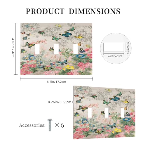 Decorative Switch Covers Plate Boho Wildflowers Butterfly Rustic Blue Pink Flowers 3 Gang Wall Plate Oversized Triple Toggle Light Switch Plate Jumbo Faceplate for Country Home Decor