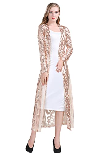 Z&X Women's Sparkling Sequin 1920S Cover Up Loose Open Front Long Sleeve Cardigan Coat Dress For Evening Party X-Large Apricot #TOP21